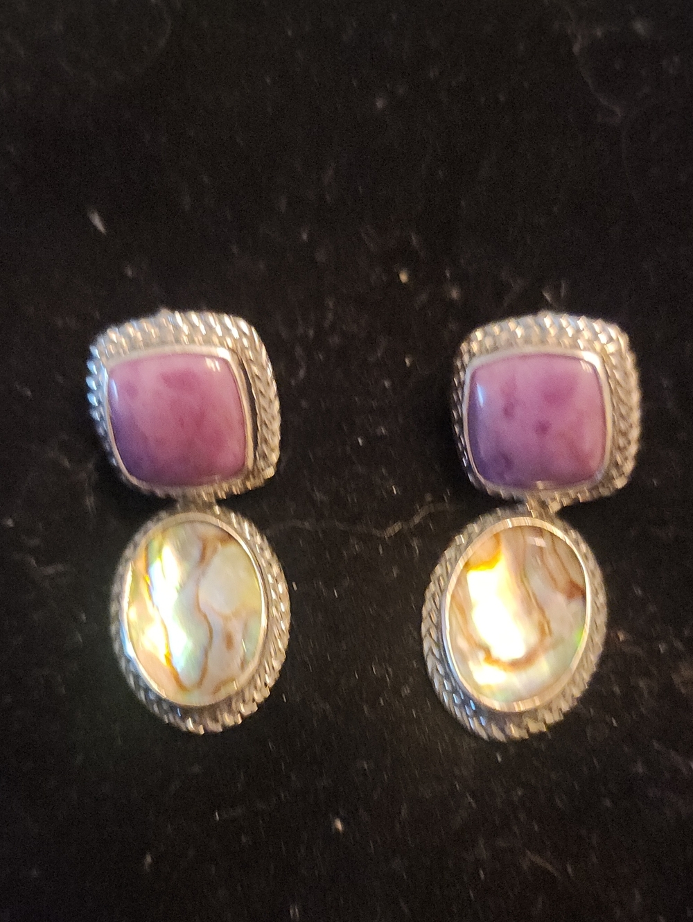 Purple Stone and Abalone Drop Earrings in Silver Tone